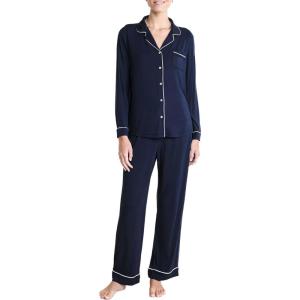 SWOMOG Womens Pajama Sets Long Sleeve Button Down Sleepwear Soft Pjs Lounge Sets with Pockets Navy Blue Wide Piping(Navy Blue- Classic)