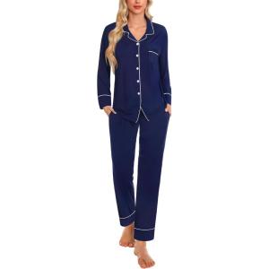 SWOMOG Womens Pajama Sets Long Sleeve Button Down Sleepwear Soft Pjs Lounge Sets with Pockets Navy Blue Wide Piping(Navy Blue-wide Piping)