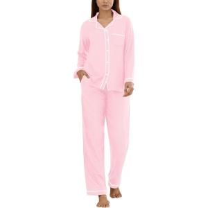 SWOMOG Womens Pajama Sets Long Sleeve Button Down Sleepwear Soft Pjs Lounge Sets with Pockets Navy Blue Wide Piping(Pink)