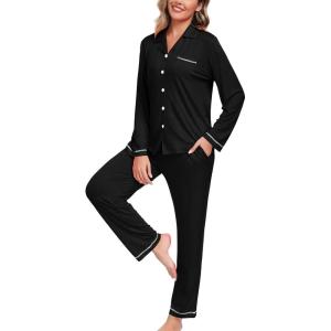SWOMOG Womens Pajama Sets Long Sleeve Button Down Sleepwear Soft Pjs Lounge Sets with Pockets Navy Blue Wide Piping(Style-a-black)