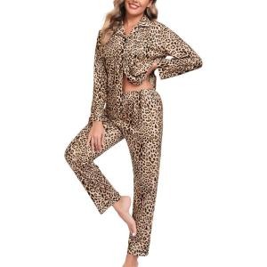 SWOMOG Womens Pajama Sets Long Sleeve Button Down Sleepwear Soft Pjs Lounge Sets with Pockets Navy Blue Wide Piping(Style-a-brown Leopard)