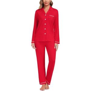 SWOMOG Womens Pajama Sets Long Sleeve Button Down Sleepwear Soft Pjs Lounge Sets with Pockets Navy Blue Wide Piping(Style-a-red)