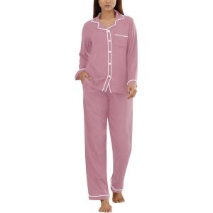 SWOMOG Womens Pajama Sets Long Sleeve Button Down Sleepwear Soft Pjs Lounge Sets with Pockets Navy Blue Wide Piping(Taro Purple)