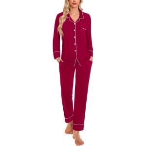 SWOMOG Womens Pajama Sets Long Sleeve Button Down Sleepwear Soft Pjs Lounge Sets with Pockets Navy Blue Wide Piping(Wine Red-wide Piping)