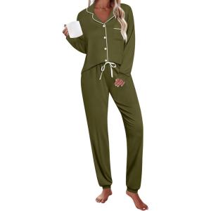 SWOMOG Womens Pajamas Set Long Sleeve Sleepwear Button Down Nightwear Soft Joggers PJs Sets with Pockets Lounge Sets(Army Green)