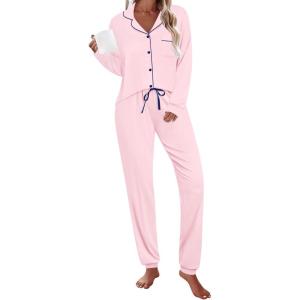 SWOMOG Womens Pajamas Set Long Sleeve Sleepwear Button Down Nightwear Soft Joggers PJs Sets with Pockets Lounge Sets(Pink)