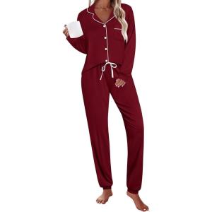 SWOMOG Womens Pajamas Set Long Sleeve Sleepwear Button Down Nightwear Soft Joggers PJs Sets with Pockets Lounge Sets(Wine Red)