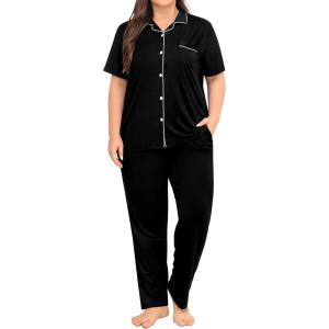 SWOMOG Women’s Plus Size Pajama Set Short Sleeve Sleepwear Top and Pants Button Up Pajamas for Women Loungewear(Black)