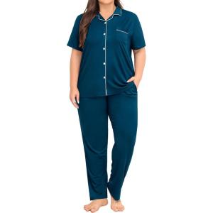 SWOMOG Women’s Plus Size Pajama Set Short Sleeve Sleepwear Top and Pants Button Up Pajamas for Women Loungewear(Blue Green)