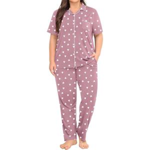 SWOMOG Women’s Plus Size Pajama Set Short Sleeve Sleepwear Top and Pants Button Up Pajamas for Women Loungewear(Heart)