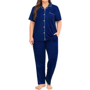 SWOMOG Women’s Plus Size Pajama Set Short Sleeve Sleepwear Top and Pants Button Up Pajamas for Women Loungewear(Navy Blue)