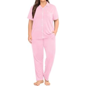 SWOMOG Women’s Plus Size Pajama Set Short Sleeve Sleepwear Top and Pants Button Up Pajamas for Women Loungewear(Pink)