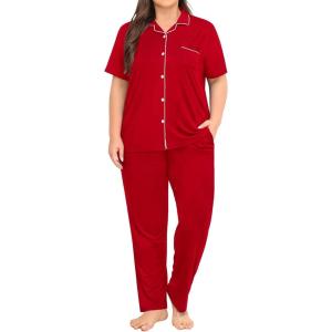 SWOMOG Women’s Plus Size Pajama Set Short Sleeve Sleepwear Top and Pants Button Up Pajamas for Women Loungewear(Red)