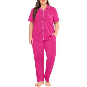 SWOMOG Women’s Plus Size Pajama Set Short Sleeve Sleepwear Top and Pants Button Up Pajamas for Women Loungewear(Rose Red)