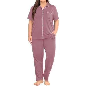 SWOMOG Women’s Plus Size Pajama Set Short Sleeve Sleepwear Top and Pants Button Up Pajamas for Women Loungewear(Taro Purple)