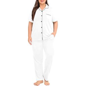 SWOMOG Women’s Plus Size Pajama Set Short Sleeve Sleepwear Top and Pants Button Up Pajamas for Women Loungewear(White)