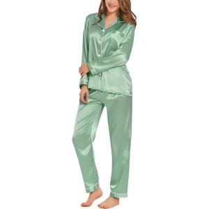 SWOMOG Womens Silk Satin Pajamas Set Long Sleeve Button Down Sleepwear 2 Piece Lounge Set Pj Set XS-3XL(Avocado Green)