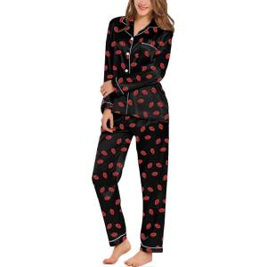 SWOMOG Womens Silk Satin Pajamas Set Long Sleeve Button Down Sleepwear 2 Piece Lounge Set Pj Set XS-3XL(Black Kiss)