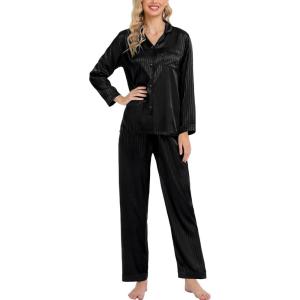 SWOMOG Womens Silk Satin Pajamas Set Long Sleeve Button Down Sleepwear 2 Piece Lounge Set Pj Set XS-3XL(Black Pinstripes)