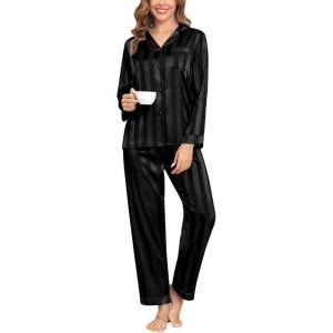 SWOMOG Womens Silk Satin Pajamas Set Long Sleeve Button Down Sleepwear 2 Piece Lounge Set Pj Set XS-3XL(Black Wide Stripes)