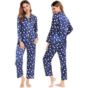 SWOMOG Womens Silk Satin Pajamas Set Long Sleeve Button Down Sleepwear 2 Piece Lounge Set Pj Set XS-3XL(Blue Penguin)