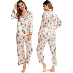 SWOMOG Womens Silk Satin Pajamas Set Long Sleeve Button Down Sleepwear 2 Piece Lounge Set Pj Set XS-3XL(Cactus Pink)
