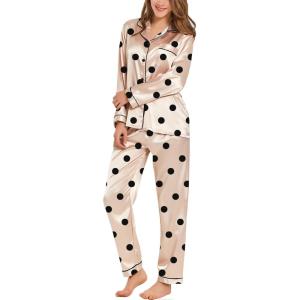SWOMOG Womens Silk Satin Pajamas Set Long Sleeve Button Down Sleepwear 2 Piece Lounge Set Pj Set XS-3XL(Champagne Points)