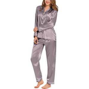 SWOMOG Womens Silk Satin Pajamas Set Long Sleeve Button Down Sleepwear 2 Piece Lounge Set Pj Set XS-3XL(Chestnut)