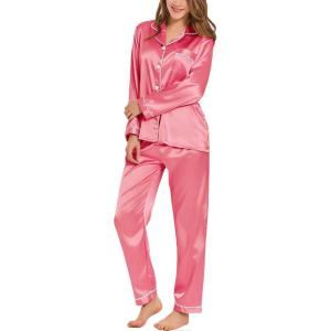 SWOMOG Womens Silk Satin Pajamas Set Long Sleeve Button Down Sleepwear 2 Piece Lounge Set Pj Set XS-3XL(Coral Red)