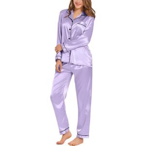 SWOMOG Womens Silk Satin Pajamas Set Long Sleeve Button Down Sleepwear 2 Piece Lounge Set Pj Set XS-3XL(Deep Lavender)
