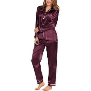 SWOMOG Womens Silk Satin Pajamas Set Long Sleeve Button Down Sleepwear 2 Piece Lounge Set Pj Set XS-3XL(Deep Wine Red)