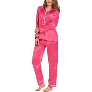 SWOMOG Womens Silk Satin Pajamas Set Long Sleeve Button Down Sleepwear 2 Piece Lounge Set Pj Set XS-3XL(Fandango Pink)
