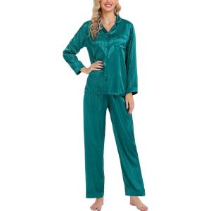 SWOMOG Womens Silk Satin Pajamas Set Long Sleeve Button Down Sleepwear 2 Piece Lounge Set Pj Set XS-3XL(Green Pinstripes)