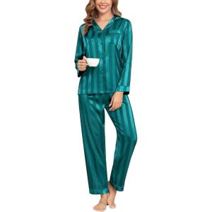 SWOMOG Womens Silk Satin Pajamas Set Long Sleeve Button Down Sleepwear 2 Piece Lounge Set Pj Set XS-3XL(Green Wide Stripes)