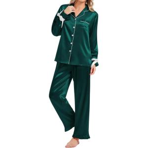 SWOMOG Womens Silk Satin Pajamas Set Long Sleeve Button Down Sleepwear 2 Piece Lounge Set Pj Set XS-3XL(Green With Bow Tie)