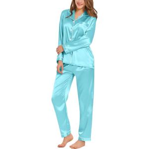 SWOMOG Womens Silk Satin Pajamas Set Long Sleeve Button Down Sleepwear 2 Piece Lounge Set Pj Set XS-3XL(Lake Blue)