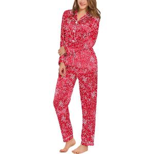 SWOMOG Womens Silk Satin Pajamas Set Long Sleeve Button Down Sleepwear 2 Piece Lounge Set Pj Set XS-3XL(Lipstick Red Mini Hearts)