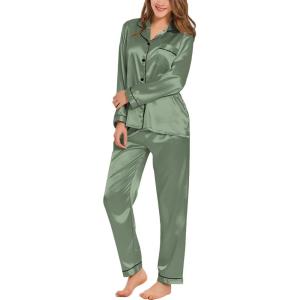 SWOMOG Womens Silk Satin Pajamas Set Long Sleeve Button Down Sleepwear 2 Piece Lounge Set Pj Set XS-3XL(Matcha)