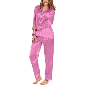 SWOMOG Womens Silk Satin Pajamas Set Long Sleeve Button Down Sleepwear 2 Piece Lounge Set Pj Set XS-3XL(Mauve Pink)