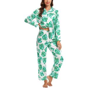 SWOMOG Womens Silk Satin Pajamas Set Long Sleeve Button Down Sleepwear 2 Piece Lounge Set Pj Set XS-3XL(Monstera Leaf)