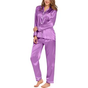 SWOMOG Womens Silk Satin Pajamas Set Long Sleeve Button Down Sleepwear 2 Piece Lounge Set Pj Set XS-3XL(Orchid)