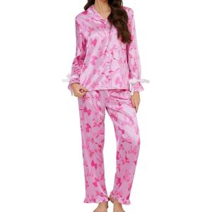 SWOMOG Womens Silk Satin Pajamas Set Long Sleeve Button Down Sleepwear 2 Piece Lounge Set Pj Set XS-3XL(Pink Bow With Bow Tie)