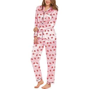 SWOMOG Womens Silk Satin Pajamas Set Long Sleeve Button Down Sleepwear 2 Piece Lounge Set Pj Set XS-3XL(Pink Kiss)