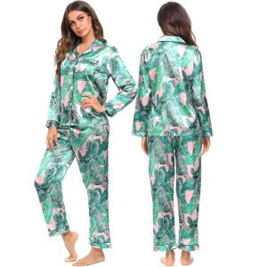 SWOMOG Womens Silk Satin Pajamas Set Long Sleeve Button Down Sleepwear 2 Piece Lounge Set Pj Set XS-3XL(Pink Leaves)