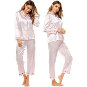 SWOMOG Womens Silk Satin Pajamas Set Long Sleeve Button Down Sleepwear 2 Piece Lounge Set Pj Set XS-3XL(Pink Leopard)