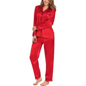 SWOMOG Womens Silk Satin Pajamas Set Long Sleeve Button Down Sleepwear 2 Piece Lounge Set Pj Set XS-3XL(Red Candy)