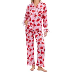 SWOMOG Womens Silk Satin Pajamas Set Long Sleeve Button Down Sleepwear 2 Piece Lounge Set Pj Set XS-3XL(Red Heart With Bow Tie)