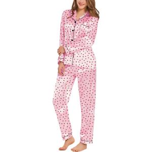 SWOMOG Womens Silk Satin Pajamas Set Long Sleeve Button Down Sleepwear 2 Piece Lounge Set Pj Set XS-3XL(Red Heart With Pink)