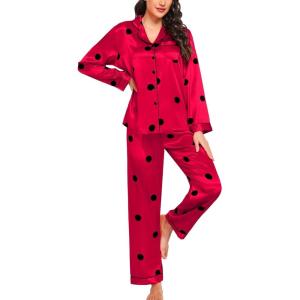 SWOMOG Womens Silk Satin Pajamas Set Long Sleeve Button Down Sleepwear 2 Piece Lounge Set Pj Set XS-3XL(Red Points)