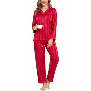 SWOMOG Womens Silk Satin Pajamas Set Long Sleeve Button Down Sleepwear 2 Piece Lounge Set Pj Set XS-3XL(Red Wide Stripes)